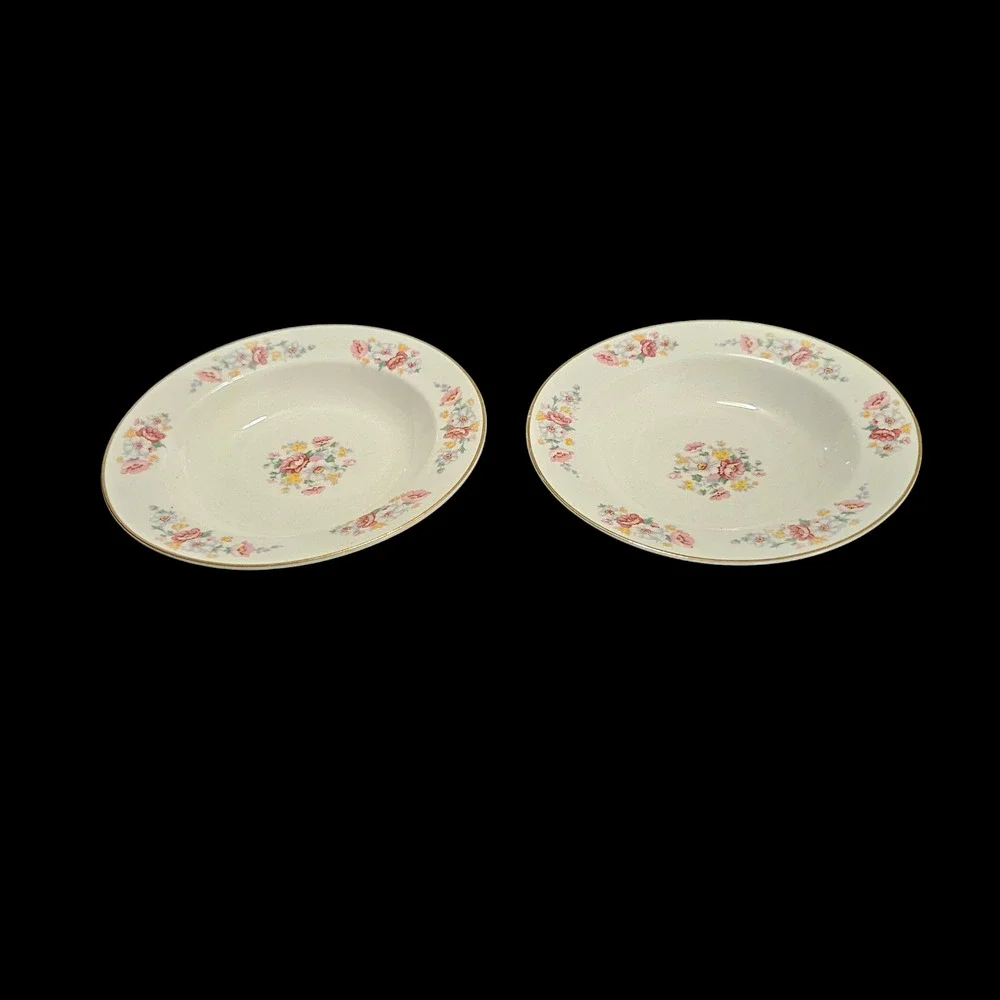 Homer Laughlin Floral Rim Soup Bowls Set of 2 Gold Trim Vintage USA